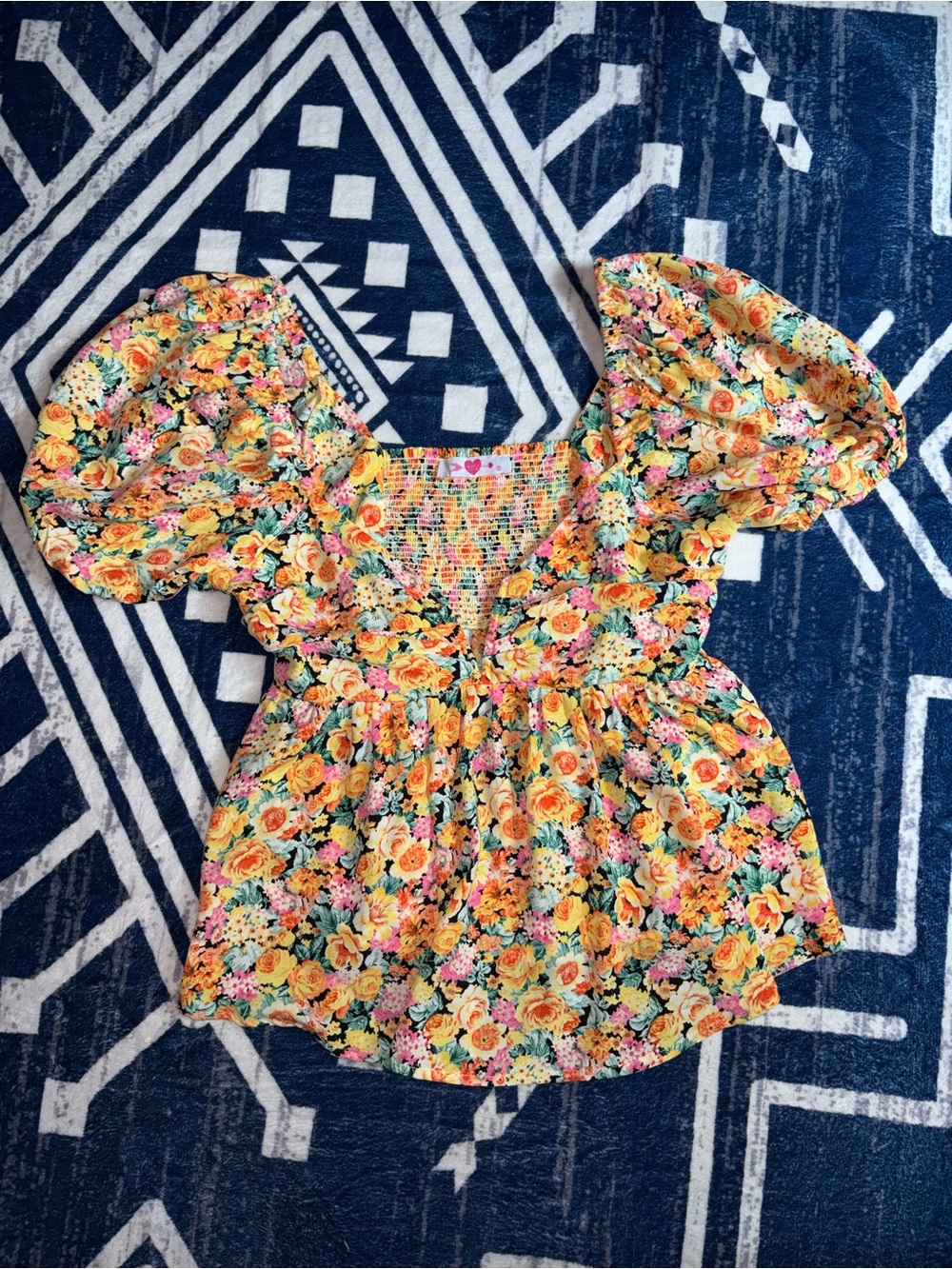 Buddy Love Yellow Floral Puff-Sleeve Smocked Peplum Top